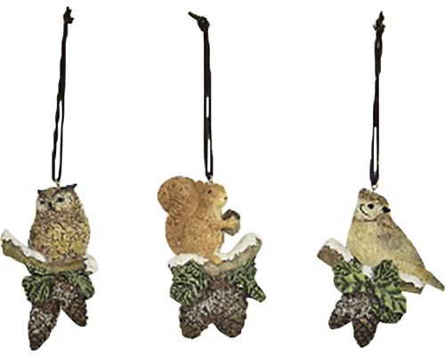 Tři ozdobné přívěsky se sovou, veverkou a ptákem na větvi
