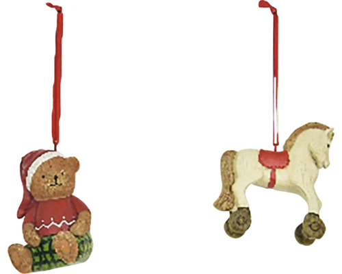 Závěsná dekorace MEDVĚD/KONÍK, polystone, béžová Vánoční ozdoby na stromeček s medvídkem a houpacím koněm