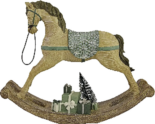 Vánoční dekorace KONÍK houpací polystone hnědá/zelená 35x28x8 cm Houpací kůň s dárky a vánočním stromkem jako dekorace