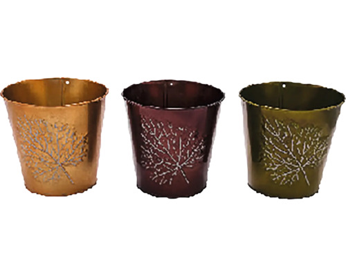 Tři ozdobné kovové květináče s motivem listů