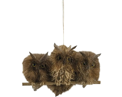 Závěsná vánoční dekorace SOVY sedící peří/dřevo hnědá 24x7x19 cm Dekorativní předmět: Tři sovy na větvi k zavěšení