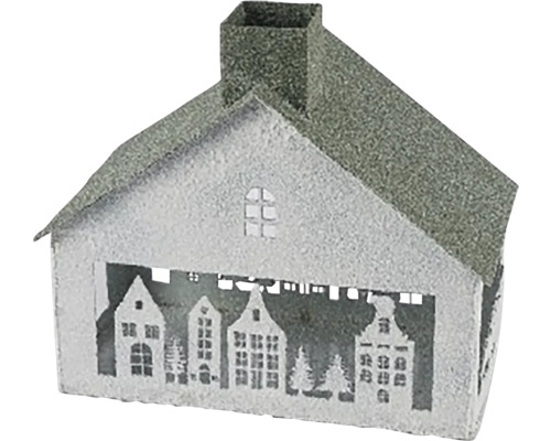 Vánoční domeček METAL kov bílá/zelená 26x14,5x24 cm Dekorativní dům se siluetou města jako bytový doplněk