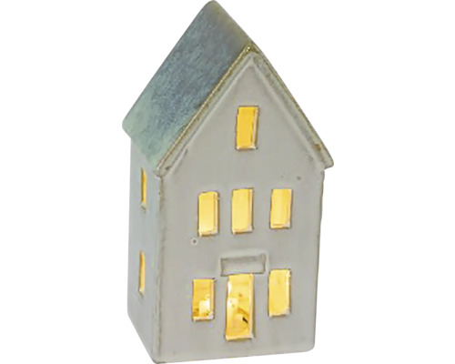 Vánoční domeček ICE LED keramika krémová/zelená 8,5x6,5x15,5 cm Dekorativní keramický dům s osvětlením oken