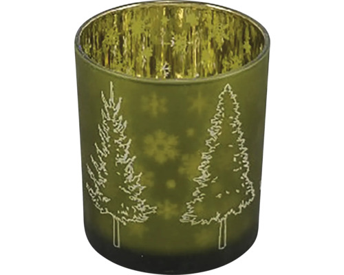 Svícen na čajovou svíčku STROMKY sklo zelená matná 9x9x10 cm Svícen se vzorem vánočního stromku