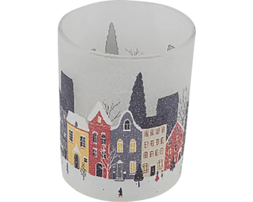 Svícen na čajovou svíčku domky sklo čirá matná/multicolor 7x7x8 cm Držák na čajovou svíčku s motivem zimní vesnice