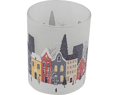 Svícen na čajovou svíčku domky sklo čirá matná/multicolor 9x9x10 cm Svícen s motivem zimního města