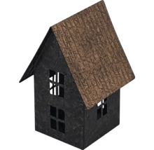 Dekorativní model domu se sedlovou střechou a okenními otvory.