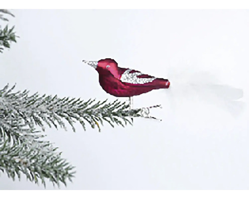 Červená vánoční ozdoba ptáček 14 cm Dekorativní ptáček jako vánoční ozdoba na zasněžené větvi jedle.