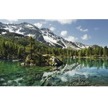 Horské jezero se stromy a zasněženými horami v pozadí