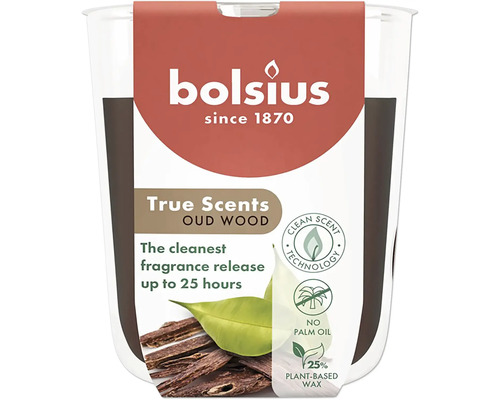 Vonné svíčky Bolsius True Scents Oud Wood s technologií Clean Scent, bez palmového oleje a s 25 procenty rostlinného vosku
