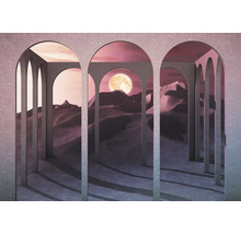 Ilustrace s pouštní krajinou, měsícem a sloupovými oblouky