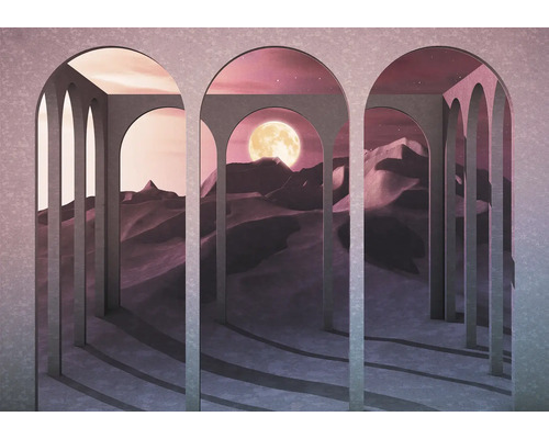 Ilustrace s pouštní krajinou, měsícem a sloupovými oblouky