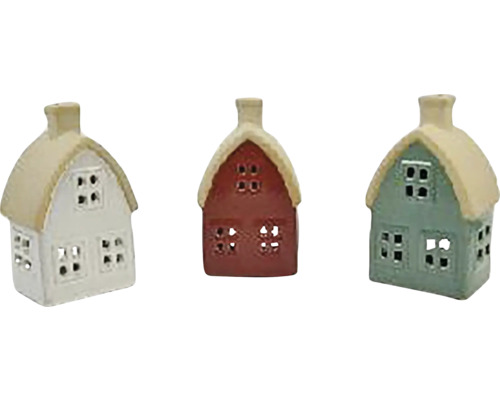 Vánoční dekorace DOMEČEK porcelán červená/bílá/zelená 9,5x15x8 cm mix 3 druhů cena za 1 Dekorativní domky z keramiky se vzhledem doškové střechy