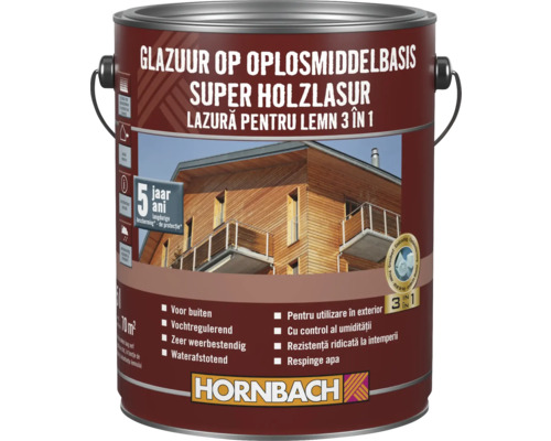 Lazura na dřevo v plechovce s nápisem Super Holzlasur a logem Hornbach