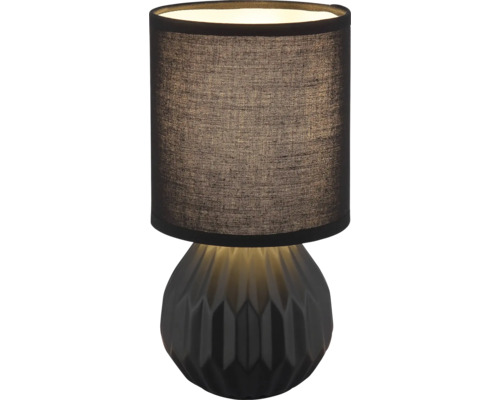 Stolní lampa s látkovým stínidlem a geometrickou keramickou základnou