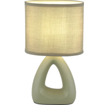 Stolní lampa s látkovým stínidlem a otevřenou trojúhelníkovou keramickou základnou