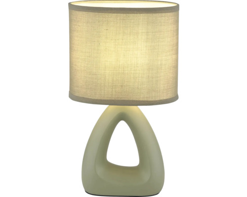 Stolní lampa s látkovým stínidlem a otevřenou trojúhelníkovou keramickou základnou