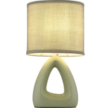 Stolní lampa s textilním stínidlem a trojúhelníkovou keramickou základnou