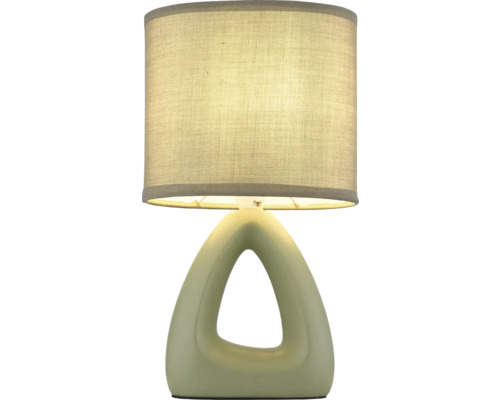 Stolní lampa s textilním stínidlem a trojúhelníkovou keramickou základnou