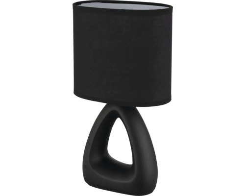 Černá stolní lampa s textilním stínidlem.