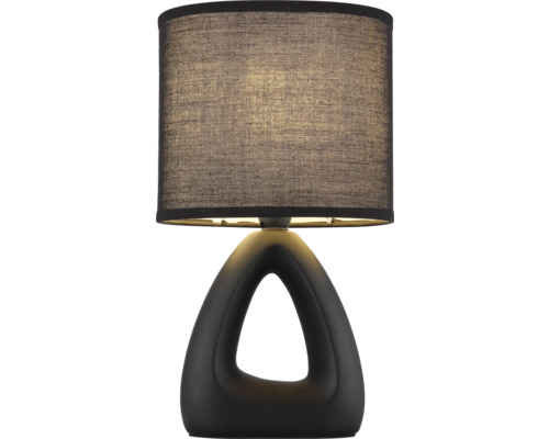 Stolní lampa s látkovým stínidlem a otevřenou trojúhelníkovou základnou