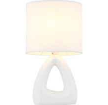 Stolní lampa s látkovým stínidlem a otevřenou trojúhelníkovou základnou