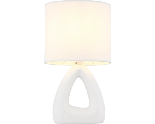 Stolní lampa s látkovým stínidlem a otevřenou trojúhelníkovou základnou