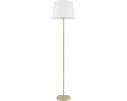 Stojací lampa s lampovým stínidlem a dřevěnou nohou