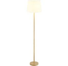 Stojací lampa s látkovým stínidlem a dřevěnou nohou