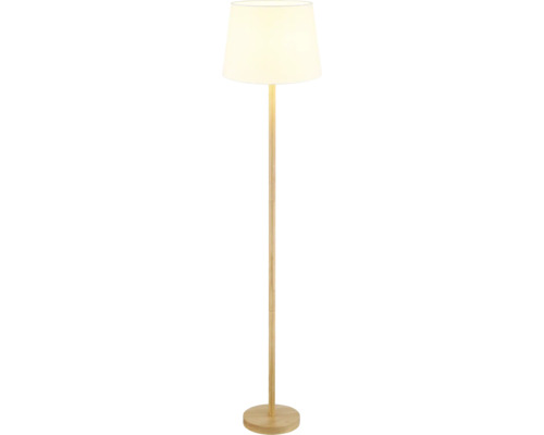 Stojací lampa s látkovým stínidlem a dřevěnou nohou