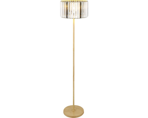 Stojací lampa s dřevěnou základnou a stínidlem z křišťálového skla
