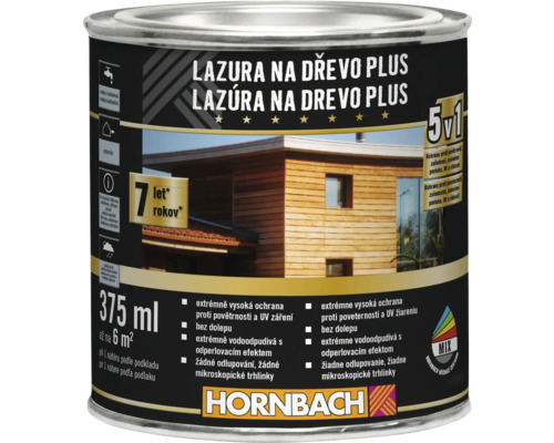 Lazura na dřevo Hornbach Plus 0,375 l stříbrošedá Lazura na dřevo v plechovce s informacemi o vlastnostech a použití.