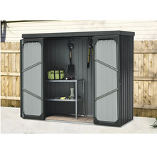 Kovový zahradní domek s posuvnými dveřmi a regály na zahradní nářadí