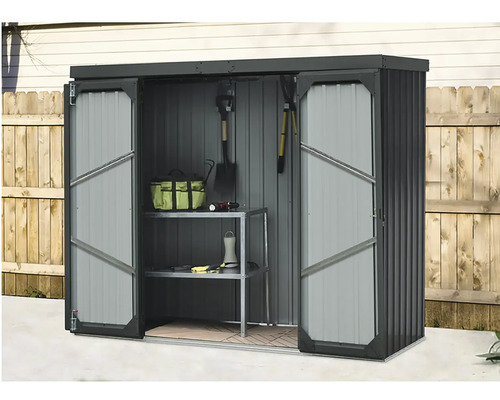 Kovový zahradní domek s posuvnými dveřmi a regály na zahradní nářadí