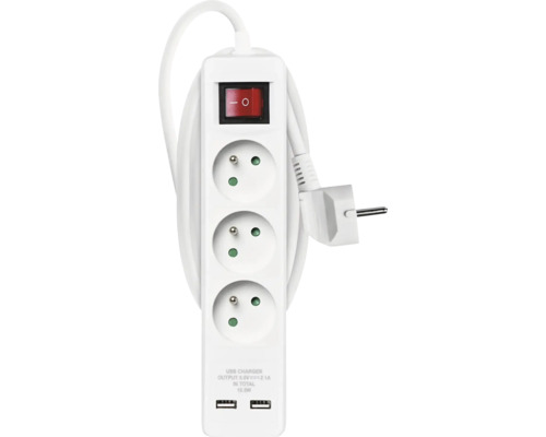 Prodlužovací kabel se třemi zásuvkami a dvěma USB porty