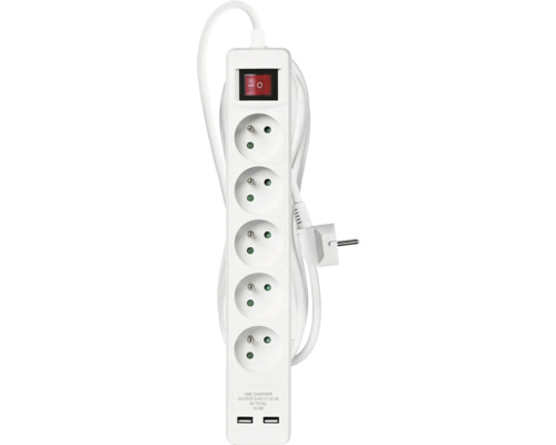 Prodlužovací kabel s pěti zásuvkami a dvěma USB porty