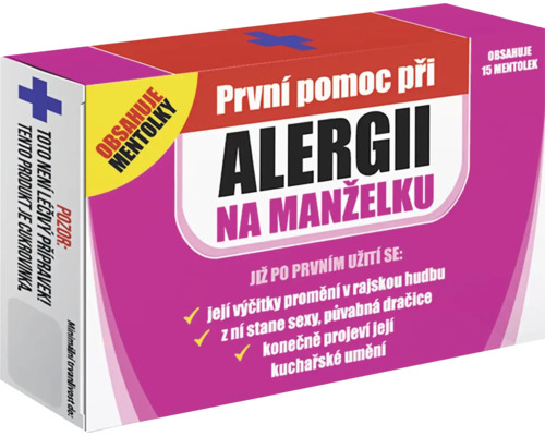 Balení žertovného produktu proti alergii na manželky s mentolem