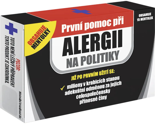 Balení produktu pro úlevu od alergií na politiky, obsahuje mentol