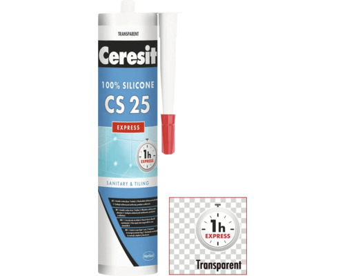Sanitární silikon Ceresit CS 25 Express transparentní 280 ml Ceresit CS 25 sanitární a obkladový silikon, transparentní