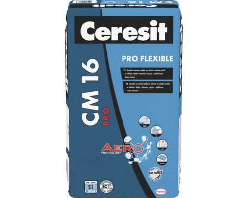 Flexibilní lepidlo Ceresit CM 16 PRO Aero S1 25kg cementové Balení flexibilního cementového lepidla na obklady a dlažby Ceresit CM 16 Pro