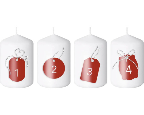 Válcové adventní svíčky Emocio Ø 5 x 9 cm bílo-červené 4 ks Čtyři bílé adventní svíčky s čísly 1 až 4