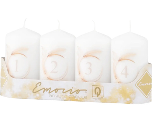 Válcové adventní svíčky Emocio Ø 5 x 9 cm bílo-béžové 4 ks Čtyři bílé adventní svíčky s čísly jedna až čtyři