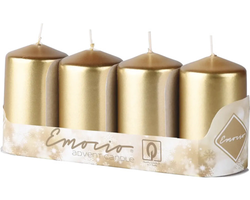 Válcové svíčky Emocio Ø 5 x 9 cm metalické zlaté 4 ks Čtyři zlaté adventní svíčky v balení