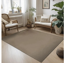 Obývací pokoj s kobercem, ratanovým křeslem a pohovkou ve světlém designu.