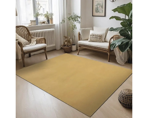 Žlutý koberec v obývacím pokoji s ratanovými křesly a rostlinami