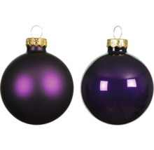 Dvě fialové vánoční koule se zlatým závěsem