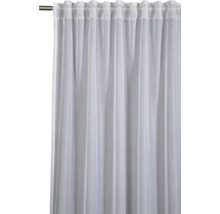 Bílý, průhledný závěs s řasící páskou na záclonové tyči.