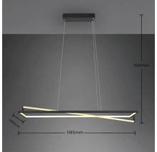 Závěsné LED svítidlo o rozměrech 1185 mm šířka, 193 mm výška a 1500 mm délka.