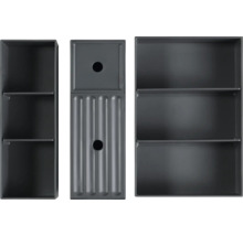 Tři šedé policové prvky s úložnými přihrádkami