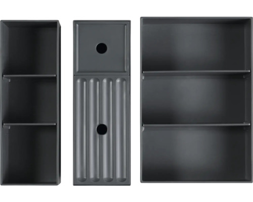 Tři šedé policové prvky s úložnými přihrádkami